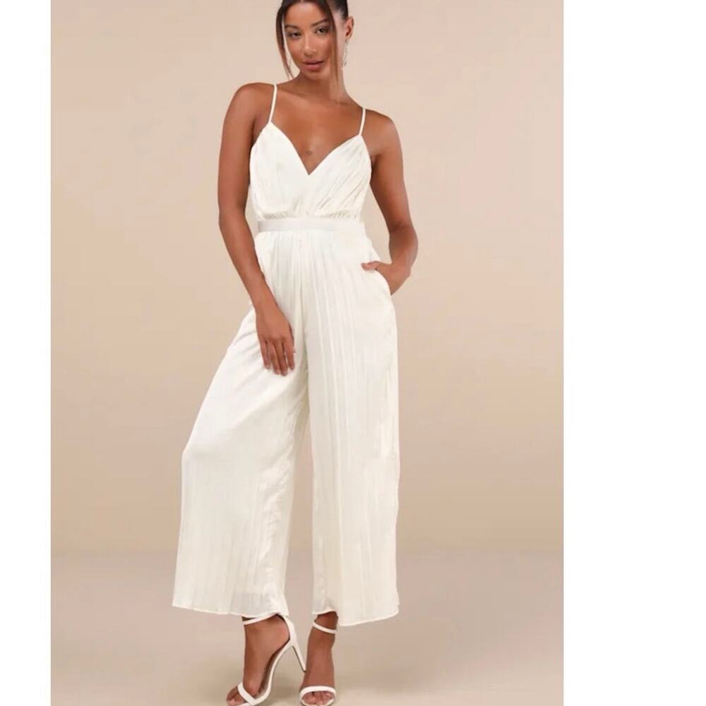 Lulus Stellar Poise Ivory Pleated Satin Wide-Leg Jumpsuit Size S
